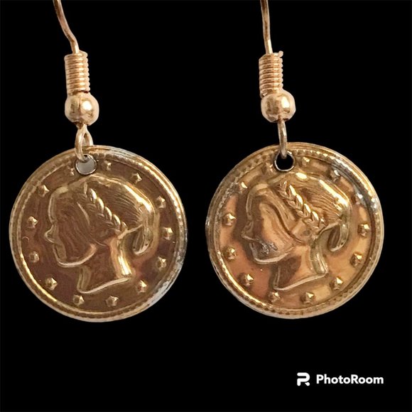 Vintage French Italian Coin Earrings Dangle Gold Plated Wire France Italy Lady - Picture 2 of 9